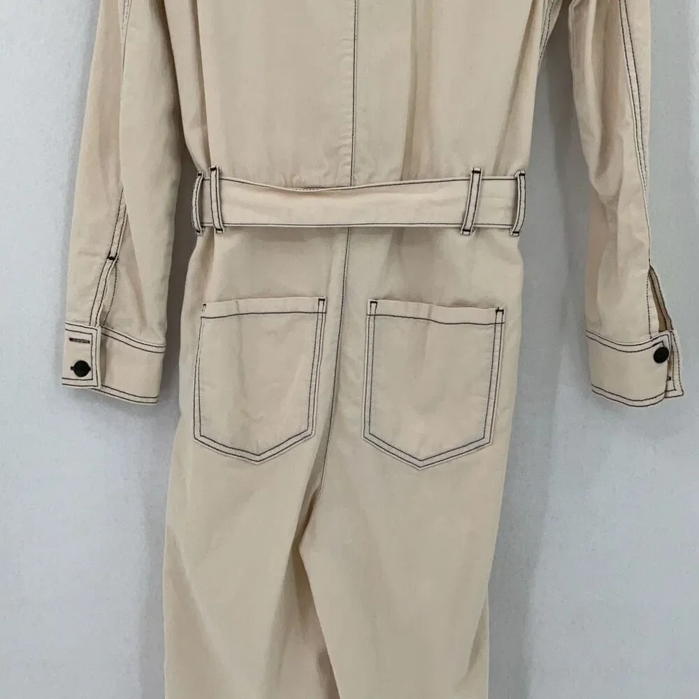 Zara Beige Cotton Linen Blend Boiler Suit Pockets Denim Utility Jumpsuit Small